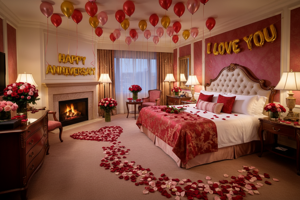 balloon banner above fireplace and bed