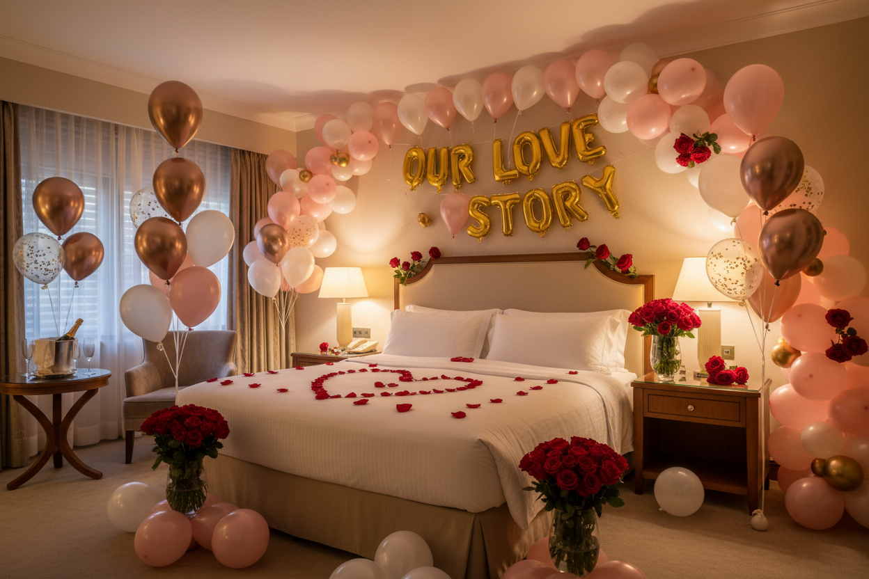 hotel room balloon decor with balloon banner and roses